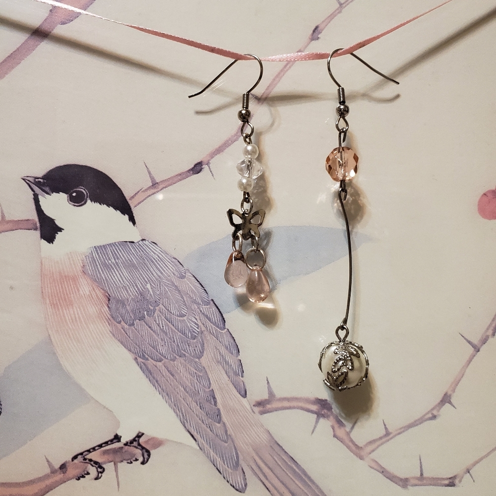 Pink Pearl Vine Glass Mismatch Butterfly Earrings